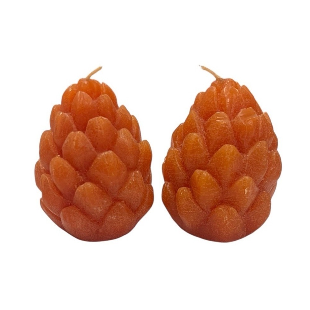 2 Pine Cone Shaped Candles Orange Vtg UNUSED 2.5 inch